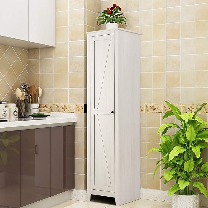 Giantex Tall Storage Cabinet Freestanding Floor Storage Tower with Four Shelves and Single Door, 17x16x72 Inch, Narrow Utility Cabinet for Living Room, Bathroom (Grayish White)
