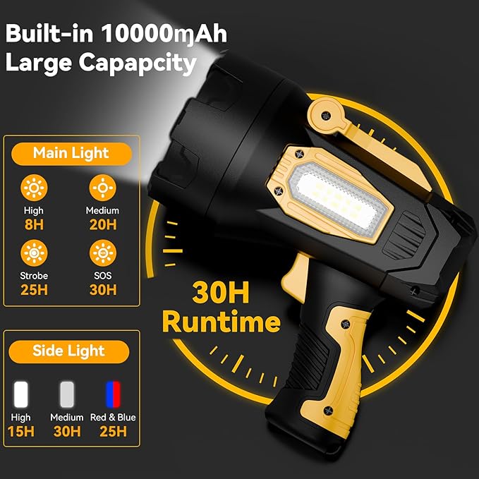 Rechargeable Spotlight Flashlight, 99,000 Lumens Super Bright LED Spotlight with COB Light & Foldable Tripod, 10000ɱAh 30H Long Lasting Large Handheld Spot Light for Huŋting Boating Camping