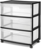 3 Drawer Wide Plastic Storage Cart with Clear Pull-Out Drawers & 4 Wheels - Medium Home Organization Container for Classroom Bathroom Dorm Bedroom Laundry Room (Black)