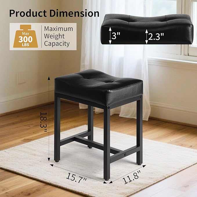 Saddle Seat Vanity Stool, Makeup Stool Chair with Metal Leg, U-Shaped Faux Leather Ottoman Foot Rest, Small Square Chairs Under Desk for Vanity, Living Room, Bedroom, Modern Makeup Bench Black