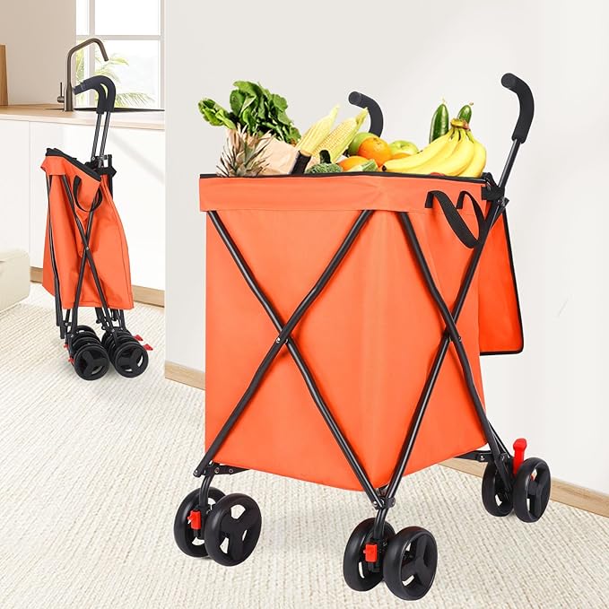 27 Gal/180 LBS Capacity Shopping Cart, Upgrade Huge Grocery Cart on Wheels,Heavy Duty Foldable Utility 360° Rolling Swivel Wheels for Shopping Picnic Groceries Laundry (Orange)