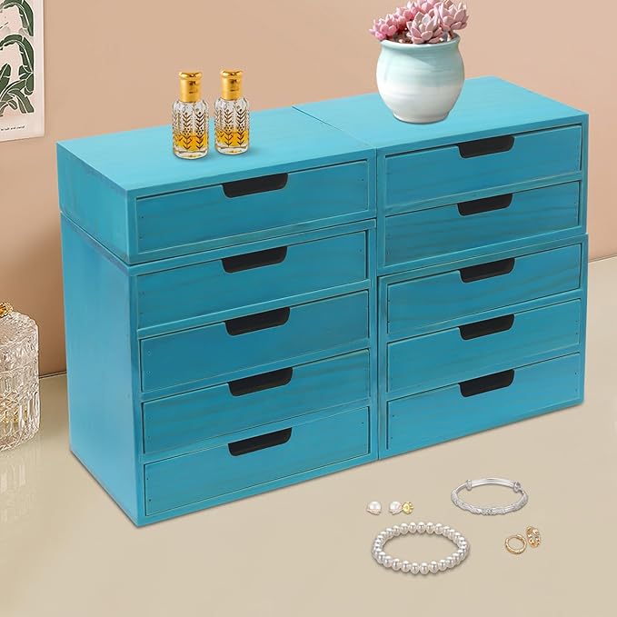 4-piece Drawer Cabinet, Organizer Sorter Container Keeper Unit Storage Box Stackable Chest Divider Shelf System with 10 Drawers & 4 Stackable Units for Home Office Study Room Dorm Bedroom(Blue)
