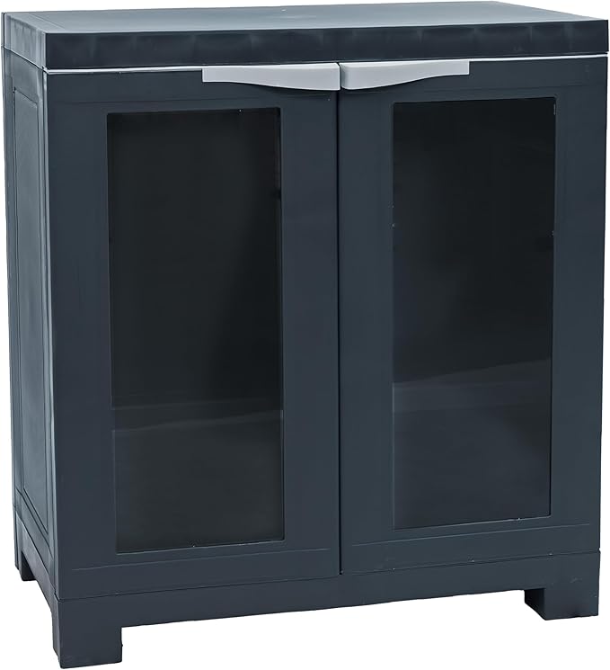 Sunnydaze Storage Cabinet with 2 Acrylic Glass Doors - Plastic Storage Cabinet - 25.5" H - Garage, Office, Home, Laundry Room