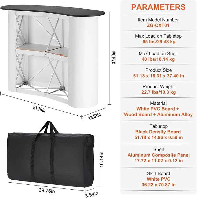 VEVOR Portable Tradeshow Podium Table, 51.18" x 18.31" x 37.4", Display Exhibition Counter Stand Booth Fair with Wall, Foldable Promotion Retail Bar Table Pop Up Podium with Storage Rack, Carrying Bag