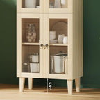 71” Tall Arched Pantry Cabinet with Glass Door, Display Cabinet Organizer, Versatile Pantry with Top-Opening Storage Container for Living, Kitchen Dining Room, Natural