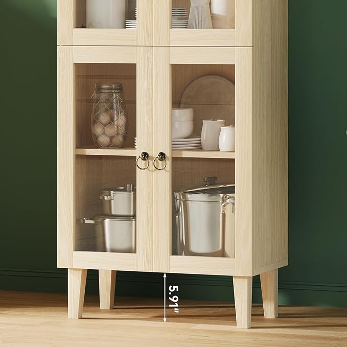 71” Tall Arched Pantry Cabinet with Glass Door, Display Cabinet Organizer, Versatile Pantry with Top-Opening Storage Container for Living, Kitchen Dining Room, Natural