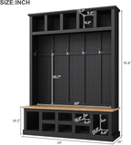Farmhouse Wood Hall Tree with Bench and Shoe Storage, 5-in-1 Coat Rack with 6 Hooks for Entrance, Hallway Black