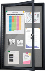Enclosed Bulletin Board 36"x24" Outdoor Weatherproof Cork Noticeboard with Locking Door Wall-Mounted Gray Fabric Black Aluminium Frame for Home, School, Office, Community, Hospital