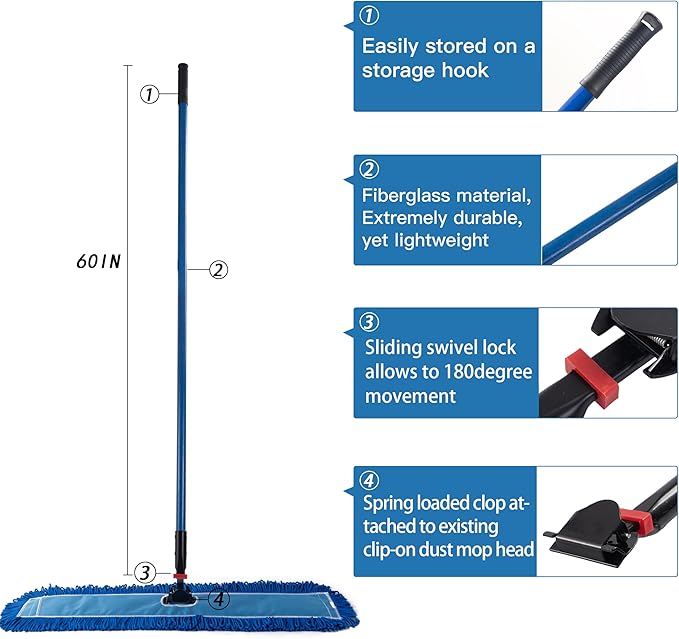 Matthew Cleaning Commercial Quick-Change Dust Mop Handle with Clip-on Metal Gripper for Heavy Duty Mop Head Replacement Holder, Fiberglass Handle 60 inch 12packs-Blue