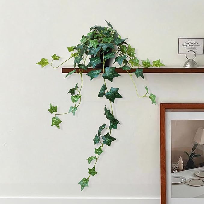 Fake English Ivy Artificial Plants - Realistic Artificial Silk Ivy Vines with Pots, Faux Plants Indoor Home Decor, Low Maintenance Hanging Plant Decoration