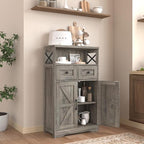 Farmhouse Storage Cabinet with Barn Doors and Open Shelf, Kitchen Pantry with Storage, Coffee Bar Station, Freestanding Cupboard Hutch Cabinet for Kitchen, Dinning Room, Livingroom, Grey