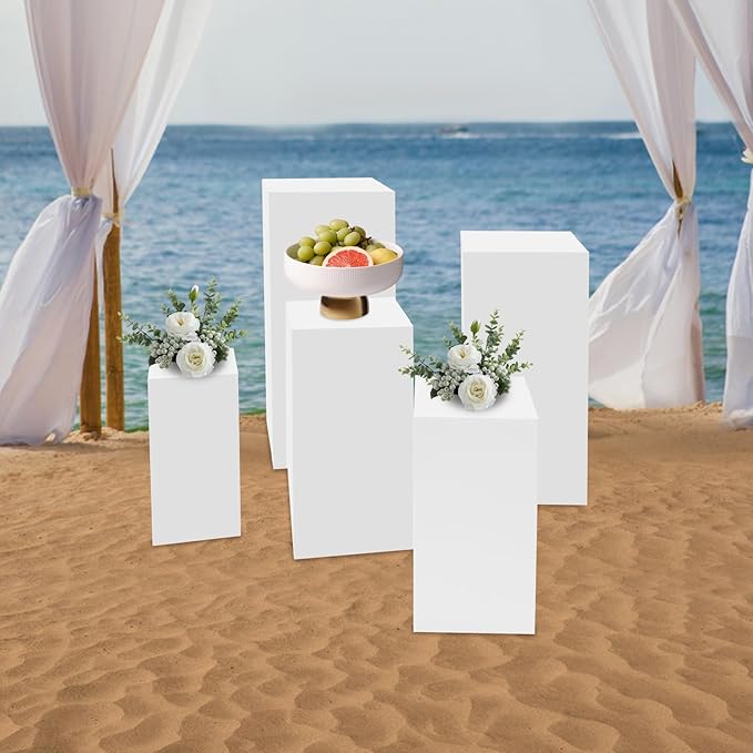 5Pcs Metal Square White Pedestal Stands, 5 Pack Flower Display Rack Dessert Table Cube Party Decoration Pillars for Wedding Ceremony Birthday Art Show 18''+20''+24''+30''+35''