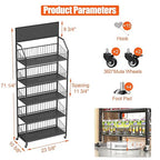 5 Tier Supermaket Snack Rack Heavy Duty, Rolling Retail Display Stand with 15 Hooks & Soild Panel Shelves, Multifunctional Metal Snack Shelf for Store Business