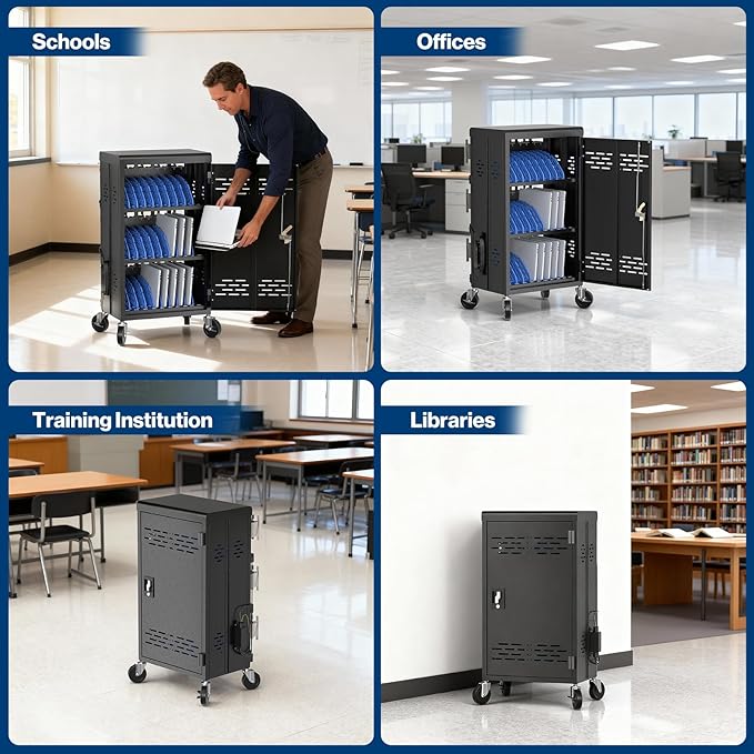 POCHAR 30 Unit Device Laptop Charging Cart for Chromebooks, Tablets, and Laptops for K-12 Education Classrooms, and Libraries, —Open-Back Design, Grounding Protection, Easy Assembly