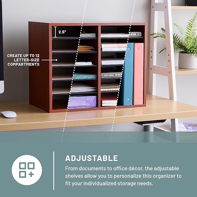 Safco Literature Organizer, 12 Compartments, Office and Classroom Mailbox with Adjustable Shelves, Wood Paper and Mail Sorter, Cherry