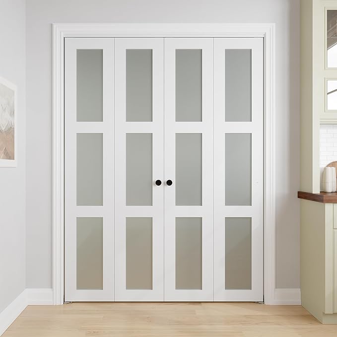 Bifold Doors for 64" x 80" Opening, 3-lite Tempered Frosted Glass Closet Folding Doors with Hardware kit Included, Easy Assembly, White
