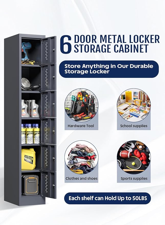 Metal Locker Storage Cabinet with 6 Doors, 71'' Tall Lockable Lockers Storage Cabinet, Employee Lockers with Doors for Utility Closet, Office, School, Gym, School