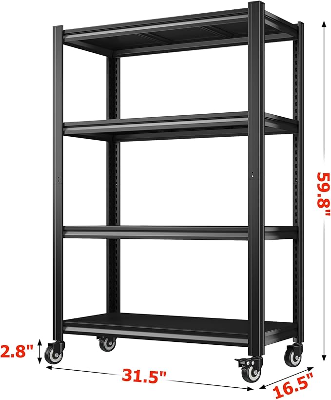 REIBII 4 Tier Storage Shelves with Wheels, 530LBS Adjustable Pantry Shelves,Metal Shelving Unit for Garage, Pantry, Kitchen, Living Room, Warehouse, Basement, 59.8" H x 31.5" W x 16.5" D, Black