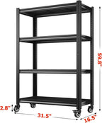 REIBII 4 Tier Storage Shelves with Wheels, 530LBS Adjustable Pantry Shelves,Metal Shelving Unit for Garage, Pantry, Kitchen, Living Room, Warehouse, Basement, 59.8" H x 31.5" W x 16.5" D, Black