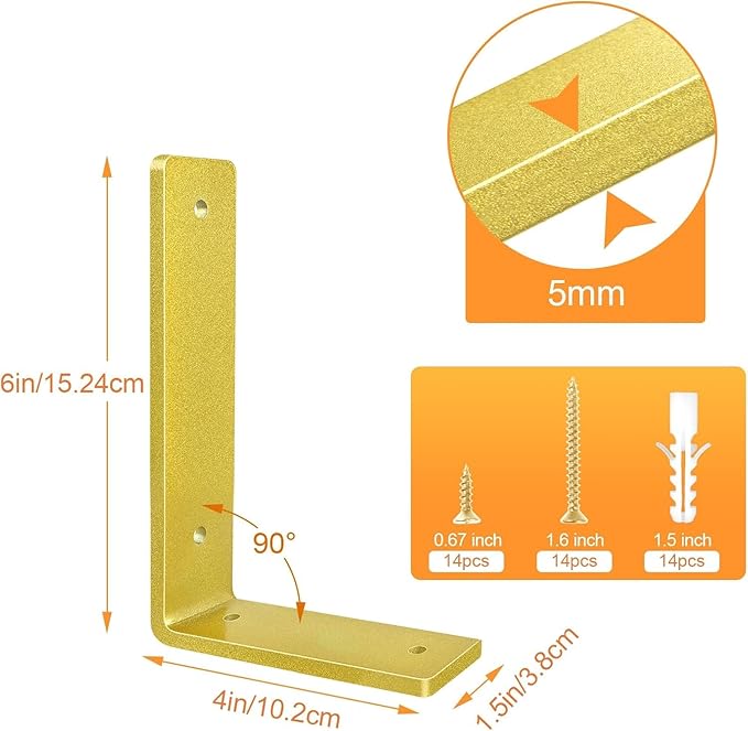 Gold Floating Shelf Bracket 6 Inch, 8 Pack Heavy Duty Shelf Brackets, Wall Shelf Bracket for DIY Decorative with Mounting Hardware