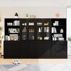 TUSY 71" H Bookshelf Bookcase with Doors, 3-Tier Modern Bookshelves with 3 Large Drawer, Display Bookcase with Glass Doors, Modern 5-Tier Curio Cabinet for Home Office, Dining Room (Black, AB)