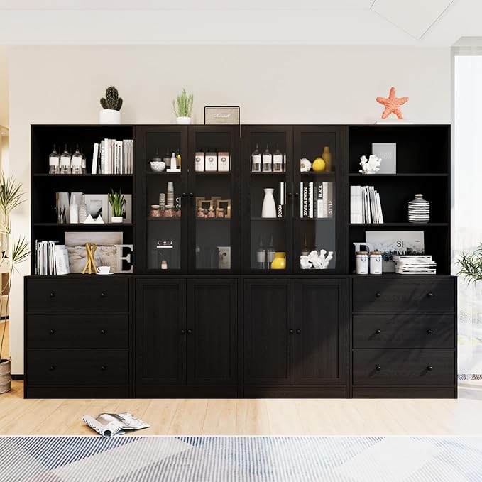 TUSY 71" H Bookshelf Bookcase with Doors, 3-Tier Modern Bookshelves with 3 Large Drawer, Display Bookcase with Glass Doors, Modern 5-Tier Curio Cabinet for Home Office, Dining Room (Black, AB)