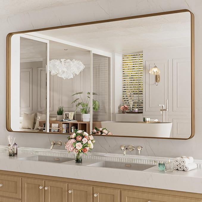 LOAAO 84X32 Inch Bathroom Mirror with Wood Grain Colored Metal Frame, Rounded Rectangle Metal Framed Bathroom Mirror, Anti-Rust, Hangs Horizontally or Vertically, Tempered Glass