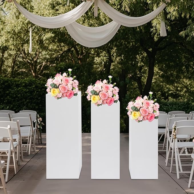 3PCS Metal White Display Pedestal Stand, Square Tall Pedestal Cake Stands Pillars, White Sculpture Display Stand Column Decoration for Wedding Parties Baby Shower Birthday