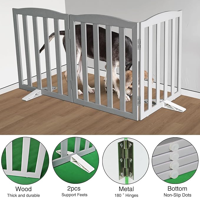 Freestanding Dog Gate Indoor,Doggie Gate Foldable Pet Gates for Doorways,Stairs or Hallways, Wooden Grey Pet Gate for The House, Pet Fence with Support Feet Included,24 "Height-3 Panels