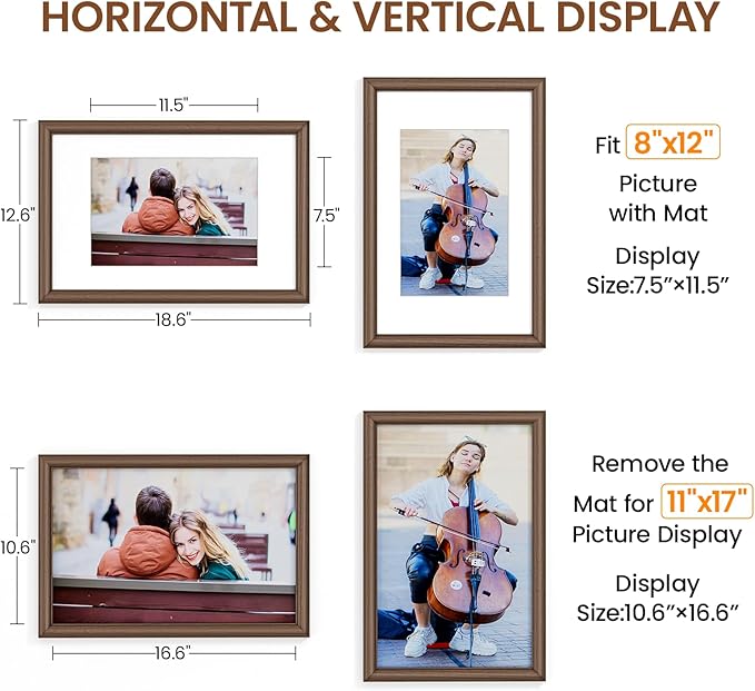 Natural Walnut 11x17 Picture Frames Mat to 8x12 Picture Display Set of 3,Original Wood Handcrafted 11x17 Diploma Frame with Tempered Glass Graduation Family Wedding Certificate Photo Wall Mounted