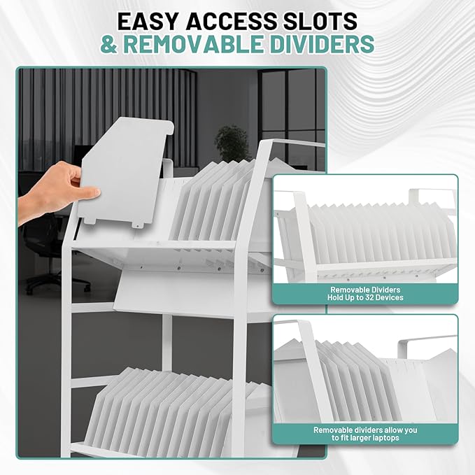 32-Device Mobile Charging Storage Cart with Lockable Wheels, 2 Power Strips, Charging Station with Removable Dividers & Cable Management for Laptops, Tablets, iPads, Chromebook for Classroom