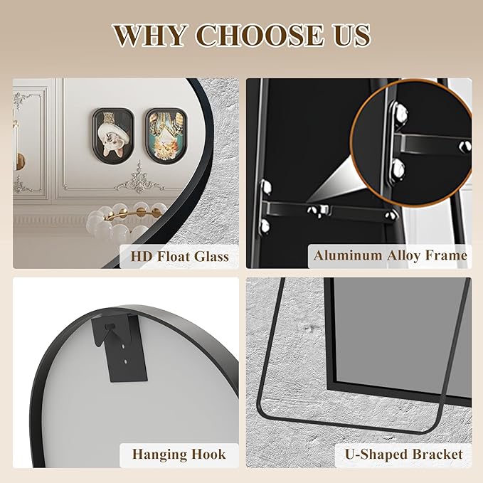 64"x21" Full Length Mirror with Stand, Shatterproof Arched Floor Mirror, Aluminum Alloy Thin Frame - Freestanding/Leaning/Wall Mount for Bedroom, Living Room & Entryway (Black)