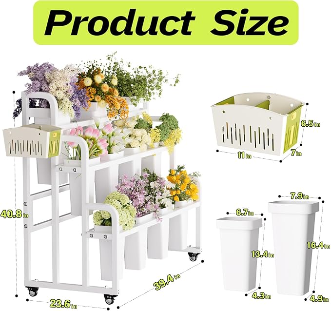 Flower Display Stand with 11 Buckets, Moving Florist Bouquet Shelf, Upgrade 360° Swivel Wheels and Brake, Flower Cart 3 Layers for Indoor, Outdoor Patio Garden, Living Room, Florist (White)