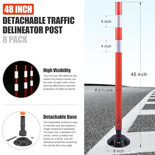 8 Pack Traffic Delineator Post Cones, High Visibility 3M Reflective Tapes, Flexible Spring Post with Detachable Base, for Highway Road Safety, Garage, Parking Lot (Orange, 48")