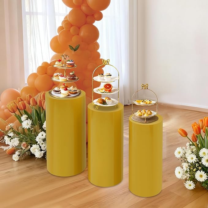 Cake Pedestal Stands for Party 3PCS Dessert Table Display Plinth Pillars Gold Round Cylinder Pedestal Stands for Wedding Sculpture Display Column Decoration Cube (3PCS-Cylinder-Gold)