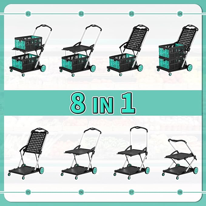 Collapsible Shopping Cart with 2 Storage Crates, Multi Use 2-Tier Grocery Carts on Wheels, 350 LBS Capacity Portable Foldable Shopping Cart for Groceries, Blue