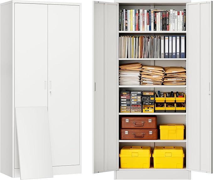 BESFUR Metal Storage Cabinet with 5 Adjustable Shelves and 2 Lockable Doors, 71" White Garage Metal Cabinet, Locking Cabinet for Office, School, Garage