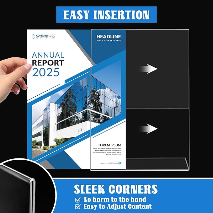 Laerjin Acrylic Sign Holder 8.5 x 11 - 10 Pack Clear Slanted L-Shaped Display Stand, Flyer & Menu Frame, Side Loading Paper Signage Holder - Office, Restaurant, Trade Show Use