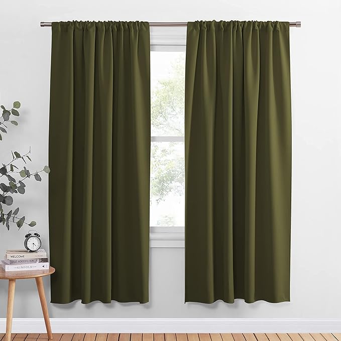 PONY DANCE Rod Pocket Curtains - Blackout Window Curtain Draperies Rod Pocket Thermal Insulated Energy Saving Christmas Home Decor for Dining Room, 52 Wide x 72-inch Long, Olive, 2 Pieces