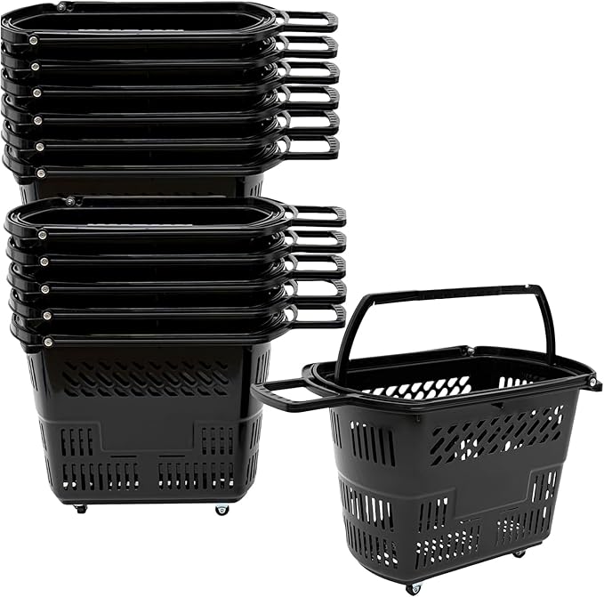 12PCS Plastic Shopping Basket with Handles & Wheels, 35L Rolling Shopping Carts, Grocery Basket with 4 Wheels and Handle, Portable Shopping Basket for Retail Stores, Supermarkets (12PCS - Black)