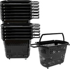 12PCS Plastic Shopping Basket with Handles & Wheels, 35L Rolling Shopping Carts, Grocery Basket with 4 Wheels and Handle, Portable Shopping Basket for Retail Stores, Supermarkets (12PCS - Black)