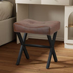 18-Inch Leather Vanity Stool Chair, Vanity Bench with Metal X-Leg, Ottoman Accent Stool with Thick Padded Saddle Seat, Dark Brown