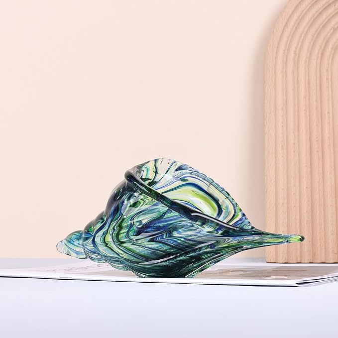 DOVDOV Hand-Blown Glass Conch Sculpture, Green sea Glass Art Shell Statue, Coastal Decor Theme Suitable for Rooms, Living Rooms, Offices, Coffee Tables, TV Stands, and Shelf displays.