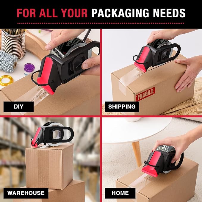 Clear Packing Tape with Dispenser (2 Rolls) - Professional Grade for Boxes - Packaging, Shipping with Refillable Dispenser, Fits Standard Bulk Up to 2" Wide
