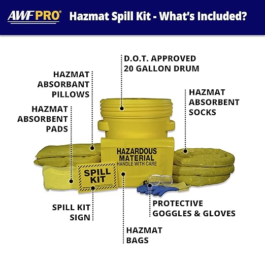 AWF PRO 20 Gallon Hazmat Spill Kit, 59 Pieces – 20 gal DOT Approved Drum, Socks, Pads & Pillows, & Accessories