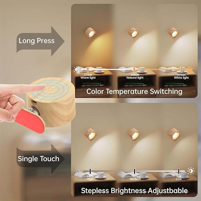 3Pack Battery Operated Wall Sconce, 3 Color Modes 3 Brightness Levels 360°Rotation Lighting Timer Touch & Remote Control, Wall Mounted Lamp LED Wall Lights for Bedroom Reading Bedside (Wood)
