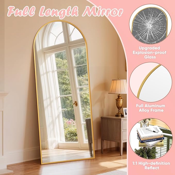 Full Length Mirror, 58" x 18" Arched Full Body Mirror Large Standing Floor Mirrors, Mirrors for Bedroom, Bathroom, Living Room Standing or Wall Leaning, Gold