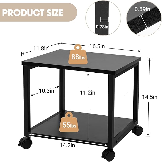 Under Desk Printer Stand - 2-Tier Industrial Mobile Printer Table with Storage Shelf, Heavy Duty Wood Rolling Printer Cart with Wheels for Home and Office,Classic Black