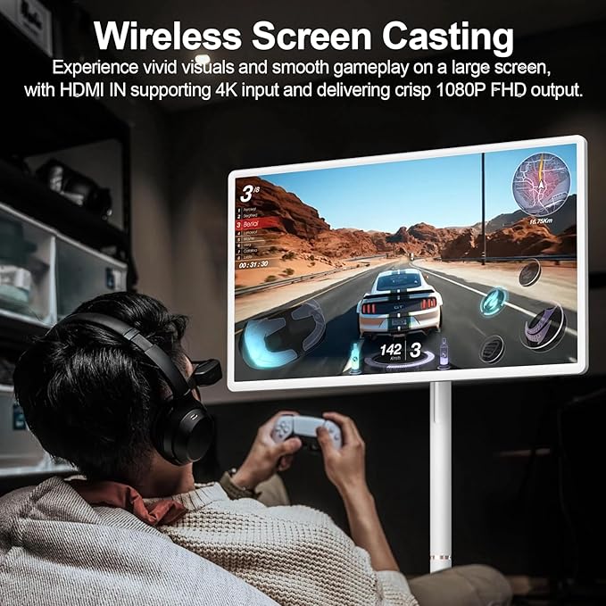 32-Inch FHD Smart Portable TV on Wheels, Rolling TV 1080P Touch Screen Android 15 OS Monitor, EDLA-Certified, 6G RAM + 128GB, 8MP Camera, Built-in 6–8H Battery, Full Swivel Rotation, Voice Remote
