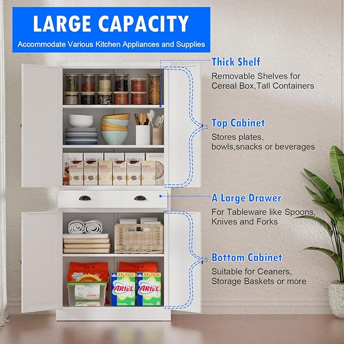 Metal Kitchen Pantry Cabinet, 71'' Tall Food Pantry Storage Cabinet with Doors and Shelves, White Freestanding Cupboard for Dining Room, Living Room - Assemble Required